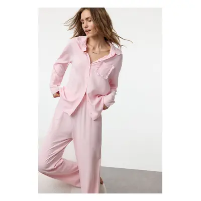 Trendyol Pink Frilled Pocket Detailed Viscose Woven Pajama Set