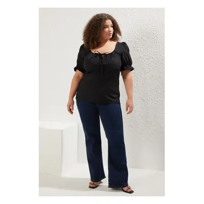 Trendyol Curve Black Square Neck Laced Short Balloon Sleeve Woven Plus Size Blouse