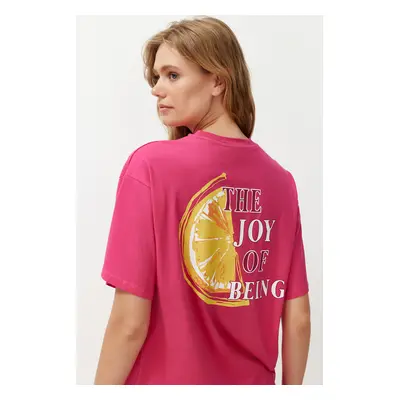 Trendyol Fuchsia Pink 100% Cotton Back and Front Printed Oversize/Comfortable Fit Knitted T-Shir