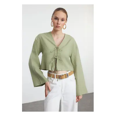 Trendyol Green Binding Detail Striped Woven Shirt