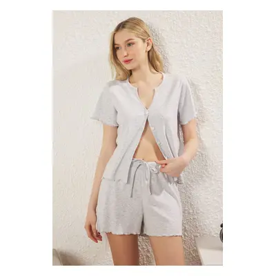 Trendyol Grey Melange Buttoned Ribbed Shorts Knitted Pajama Set