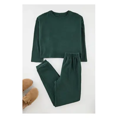 Trendyol Dark Green Waffle Fabric Knitted Pajama Set