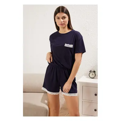 Trendyol Navy Blue Lace Detail Knitted Pajama Set with Ribbed Shorts