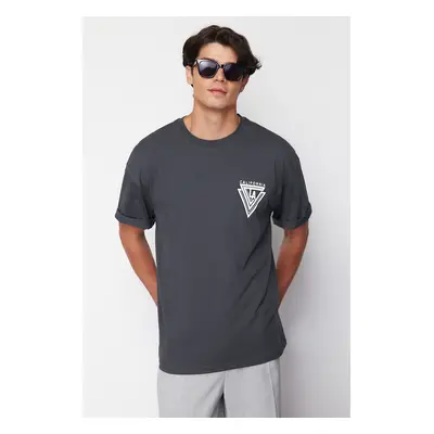 Trendyol Anthracite Oversize/Wide Cut City Printed 100% Cotton T-Shirt