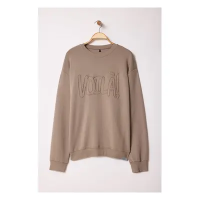 Trendyol Mink More Sustainable Oversize/Wide Cut Text Embroidered Crew Neck Sweatshirt