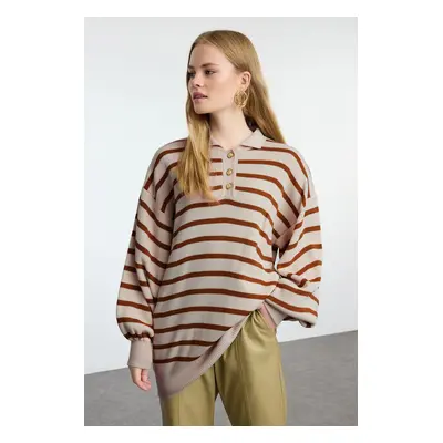 Trendyol Tile Striped Balloon Sleeve Polo Neck Knitwear Sweater