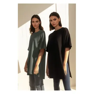 Trendyol Black-Khaki 2-Pack Slit Detailed Crew Neck Short Sleeve Basic Knitted T-Shirt