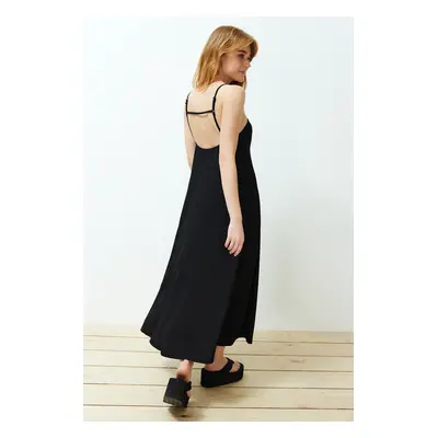 Trendyol Black Adjustable Straps A-Line Crepe/Textured Knit Maxi Dress