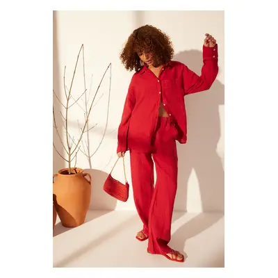 Trendyol Red 100% Linen Pocket Detailed High Waist Wide Leg Trousers