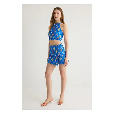 Trendyol Dark Blue Halter Neck Woven Blouse and Mini Shorts Skirt Patterned Woven Bottom-Top Set