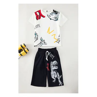 Trendyol White Boy Dinosaur Printed T-Shirt-Shorts Knitted Bottom-Top Set