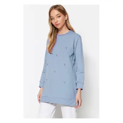 Trendyol Blue Crew Neck Stone Detailed Knitted Tunic