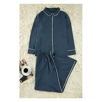 Trendyol Curve Navy Blue Shirt Collar Piping Woven Pajama Set