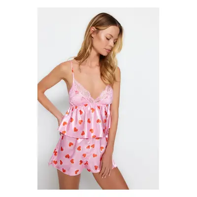 Trendyol Pink-Multicolored Heart Woven Pajama Set with Lace Rope Straps and Satin Shorts