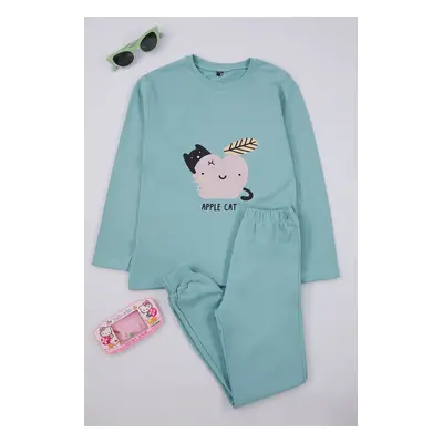 Trendyol Mint Girls Printed Knitted Pajama Set