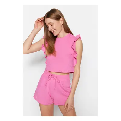 Trendyol Pink 100% Cotton Frilled Shorts Knitted Pajama Set