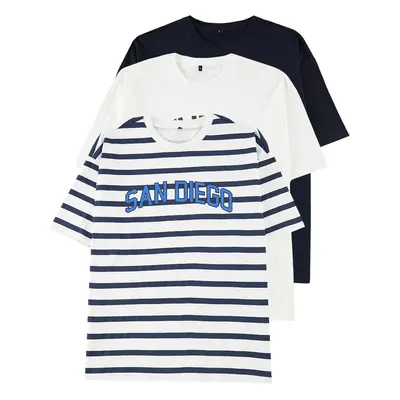 Trendyol Navy Blue Oversize/Wide Cut Pack Printed, Striped, Plain 100% Cotton T-Shirt