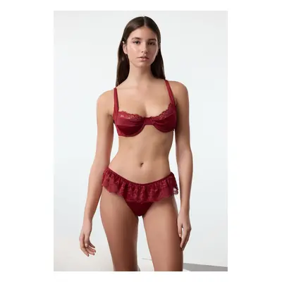 Trendyol Dark Cherry Polyamide Ruffle Lace Coverless Knitted Lingerie Set