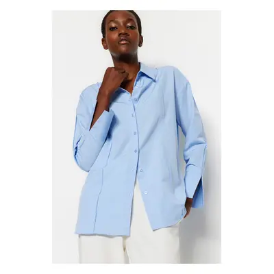 Trendyol Light Blue Rib Detailed Oversize Wide Cut Woven Shirt with Slits on the Sleeves