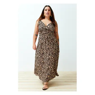 Trendyol Curve Camel Maxi/Long Slit Summer Leopard Patterned Woven Dress