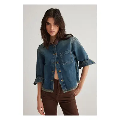 Trendyol Dark Blue Tassel Hem Contrast Leather Collar Vintage Crop Oversize Denim Jacket