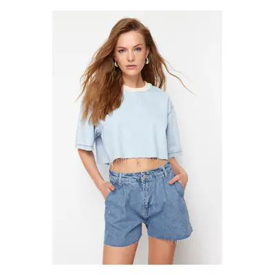 Trendyol Blue Pleated High Waist Mini Denim Shorts