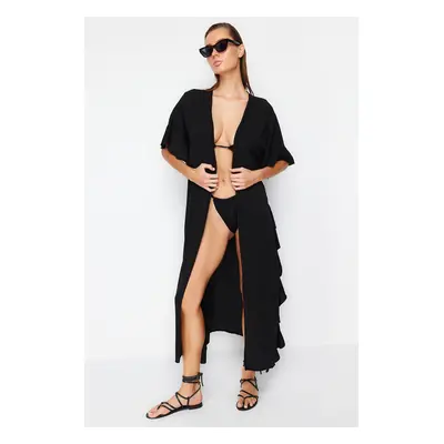 Trendyol Black Belted Maxi Woven Ruffle Beach Kimono&Caftan