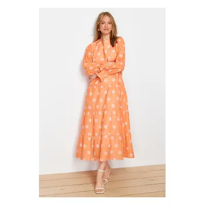 Trendyol Orange Floral Printed Sleeve with Rubber Detail Woven Dress