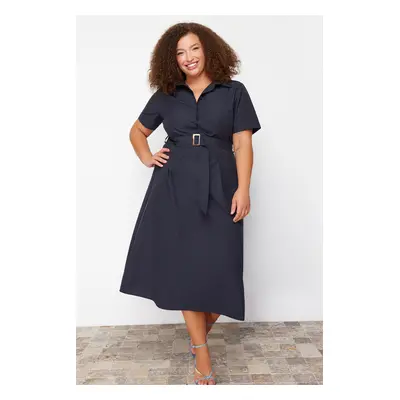 Trendyol Curve Navy Blue Belt Detailed Woven Plus Size Dress