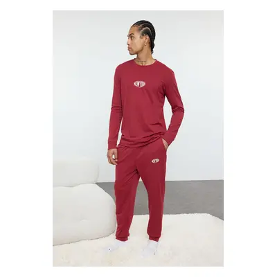 Trendyol Men's Claret Red Regular Fit Printed Knitted Pajama Set