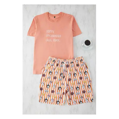 Trendyol Orange Regular Fit Dog Printed Knitted Shorts Pajama Set