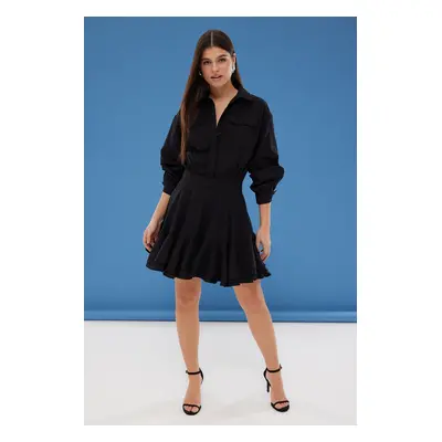 Trendyol Black Mini Woven Dress with Flounce Detail and Opening Skirt at the Waist