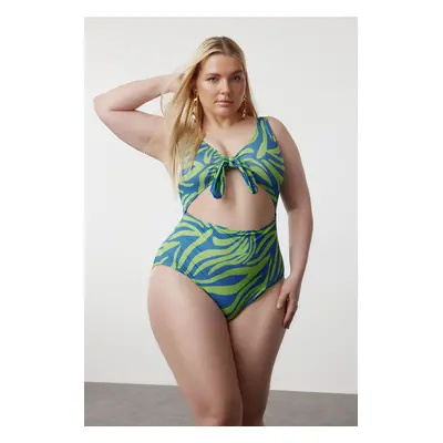 Trendyol Curve Blue-Green Deep V Cut Out Tie Detail Abstract Pattern Plus Size Swimsuit