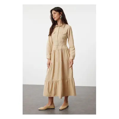 Trendyol Beige Belted Woven Cotton Shirt Dress