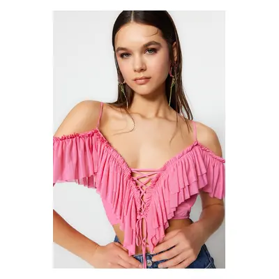 Trendyol Pink Crop Ruffle Knitted Blouse