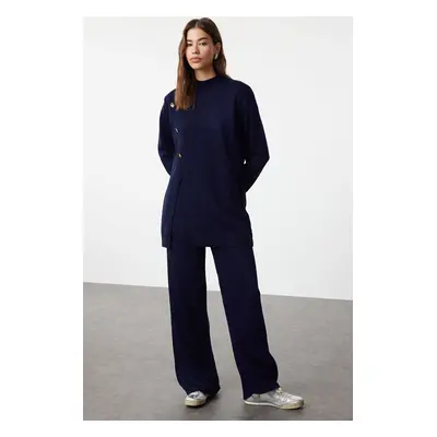 Trendyol Navy Blue Button Detailed Knitwear Sweater Trousers Bottom-Top Set