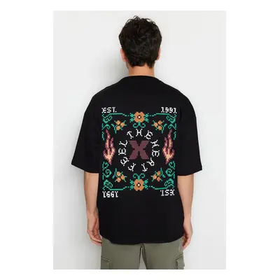 Trendyol Black Oversize/Wide Cut Printed 100% Cotton T-Shirt