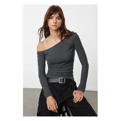 Trendyol Anthracite Textured Asymmetric Gathered Boat Neck Fitted Knitted Blouse