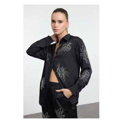 Trendyol Black Shiny Stone Printed Satin Woven Shirt