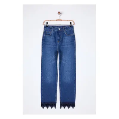 Trendyol Blue More Sustainable Lace Detailed Normal Waist Straight Jeans