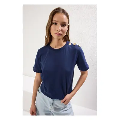 Trendyol Navy Blue 100% Cotton Gold Button Detail Regular Cut Knitted T-Shirt