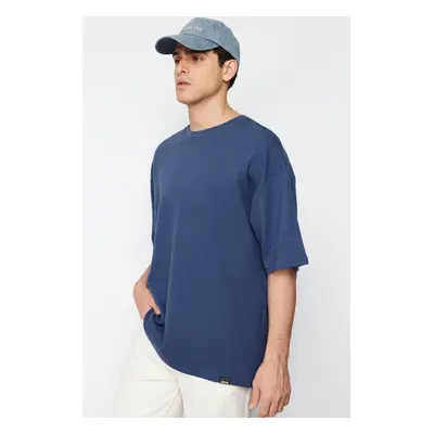 Trendyol Premium Indigo Oversize 100% Cotton Labeled Textured Basic Thick T-Shirt