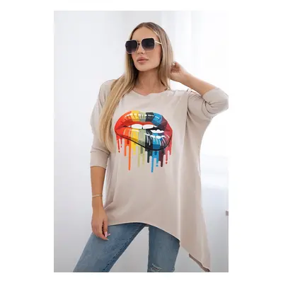 Oversize blouse with beige rainbow lip print