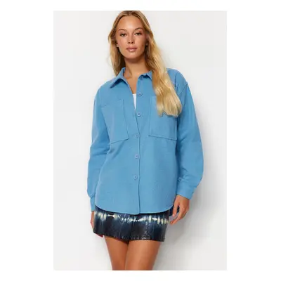 Trendyol Blue Double Pocket Oversize/Wide Fit Stitched Woven Shirt