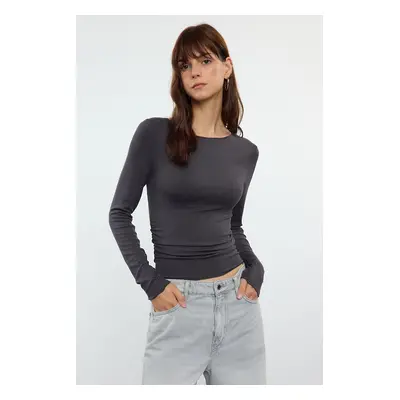 Trendyol Anthracite Fitted/Fits the Body Gathered/Drape Detailed Boat Neck Flexible Knitted Blou