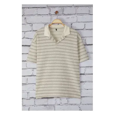 Trendyol Unisex Stone Oversize/Wide Cut Striped Polo Neck T-shirt