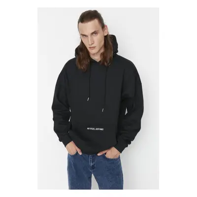 Trendyol Black Oversize/Wide Cut Fit Hooded Text Printed Sweatshirt