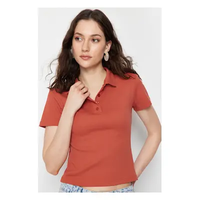 Trendyol Cinnamon Polo Collar Buttoned Short Sleeve Stretchy Ribbed Knitted Blouse