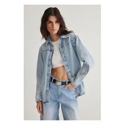 Trendyol Light Blue Troc Stone Oversize Denim Jacket