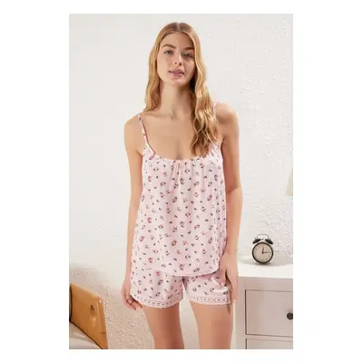 Trendyol Powder 100% Cotton Floral Embroidered Rope Suspender Shorts Woven Pajama Set